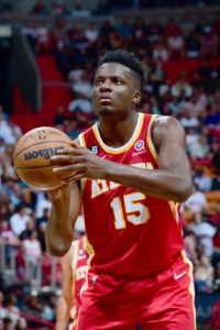 MIAMI, FL - MARCH 6: Clint Capela #15 of the Atlanta Hawks shoots a free throw against the Miami Heat on March 6, 2023 at Miami-Dade Arena in Miami, Florida. NOTE TO USER: User expressly acknowledges and agrees that, by downloading and or using this Photograph, user is consenting to the terms and conditions of the Getty Images License Agreement. Mandatory Copyright Notice: Copyright 2023 NBAE (Photo by Scott Cunningham/NBAE via Getty Images)